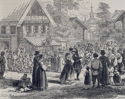 Rusland (19. århundrede). Fest i en landsby. 1879 (gravering) af Unknown artist