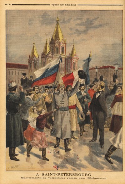 Russiske frivillige i Sankt Petersborg til den franske ekspedition fra Madagaskar. Indgravering i "" Le petit journal"" 28/04/1895. Selvas samling. af Unknown artist