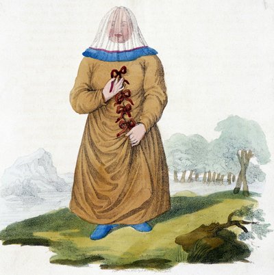 Russisk kvinde af en Ostiak-stamme i traditionel dragt (Khanty eller Khante: Paleosibiriske jægere, etableret i skovområdet i den midterste Ob-dal). af Unknown artist