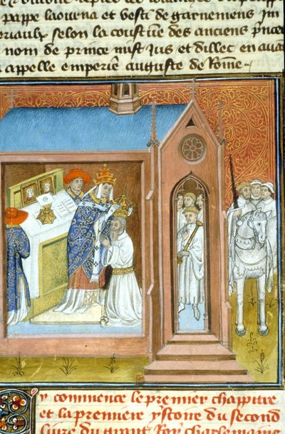 Hellig (kroning) af Karl den Store (742 - 814) i 800 af pave Leo III. - Belysning af manuskript fra middelalderen (ref. 512, 089v) Anmod om tilladelse fra det kommunale bibliotek i Toulouse (tlf.: 05 62 27 66 66) af Unknown artist