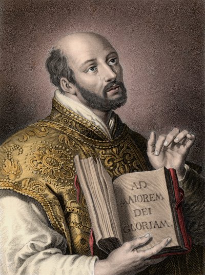 Portræt af Sankt Ignatius af Loyola (1491-1556), spansk teolog, med en bog med Jesu Selskabs latinske motto "" Ad maiorem Dei gloriam""" (Til Guds større ære) Ignatius eller Sankt Ignatius af Unknown artist