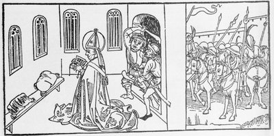 Sankt Lambert. Indgravering fra "De helliges liv - sommerdel" (Helgenbogen) af Jacobus (James) fra Voragine (1228-1298). Lübeck 1488. af Unknown artist