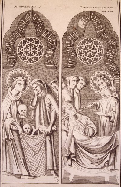 Saint Louis samler knogler op og giver spedalske mad af Unknown artist
