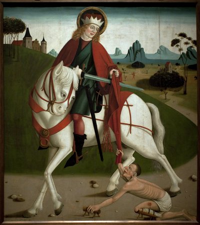 Sankt Martin og tiggeren. Han skar sin frakke for at give den til en tigger. anonymt maleri, omkring 1490. Magyar Nemzeti Galleria, Budapest, Ungarn. af Unknown artist