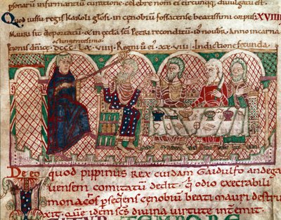 Saint Maur (512-584) grundlægger af klostret Flanfeuil (Saint Maur) i Anjou modtages ved bordet hos Gaidulfe af Ravenna, munkenes forfølger, og straffer ham Miniature fra Saint Maurs liv og mirakler” (ms 2273) 1100-1140 Kommunebibliotek af Unknown artist