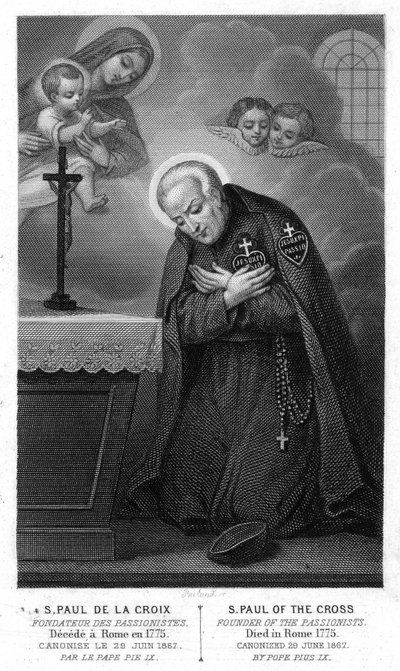 Sankt Paulus af korset, grundlæggeren af passionisterne skuffet i Rom i 1775, kanoniseret den 29. juni 1867 af pave Pius IX. Indgravering af det 19. århundrede. af Unknown artist
