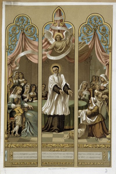Saint Vincent de Paul etablerede værket af Enfants Found - ifølge farvet glas 18. (?). af Unknown artist
