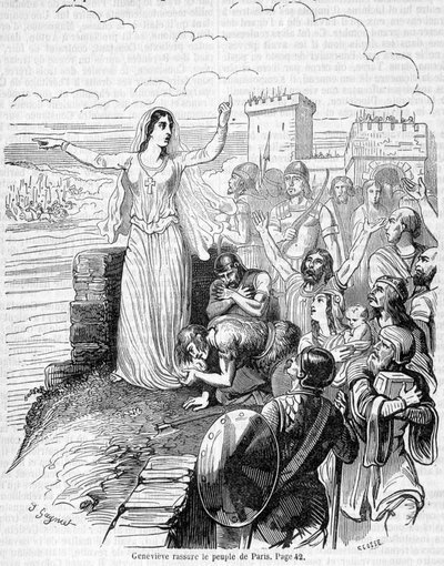 Sainte Geneviève, organiserer forsvaret af Paris mod horderne af Attila og beroliger folket i Paris - i "Histoire de France"" af Anquetil af Unknown artist