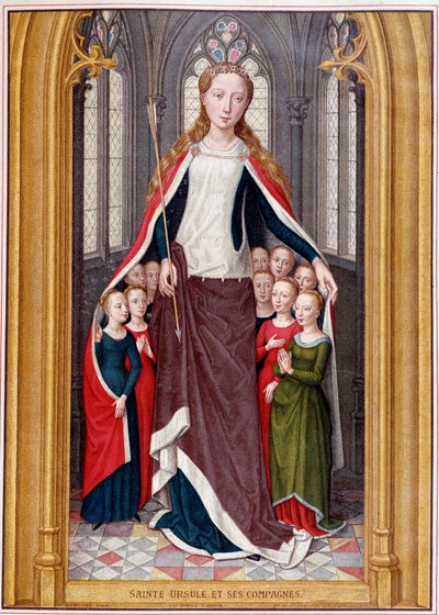 Sainte Ursula huser sine ledsagere under sin frakke, efter jagten på Saint Ursula, Brugge, Memling af Unknown artist