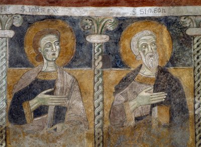 De hellige Johannes evangelisten og Simeon, detalje fra det 12. århundredes fresko i basilikaen for de hellige Sisinio, Martyr og Alessandro, San Zeno di Trento, Trentino-Alto Adige, Italien. af Unknown artist