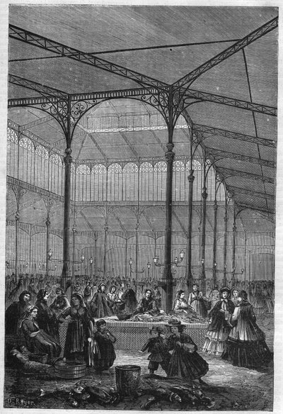 Salg af fisk på auktionen i Halles de Paris i 1866 (Pavillon Baltard). af Unknown artist