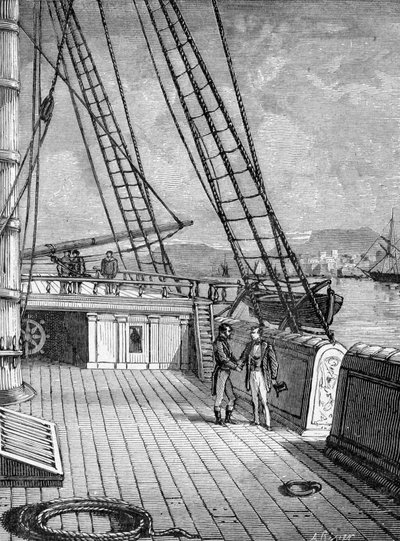 Samuel Morse (1791-1872), opfinder af den elektroniske telegraf (1844) og Morse-alfabetet ombord på liner "Sully" i 1832. Gravering 1800-tallet af Unknown artist