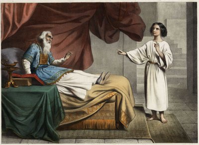 Samuel, som hører Herrens stemme kalde på ham midt om natten, tror, at dette er hans mentor, ypperstepræsten Eli (Heli). Anonym stik fra midten af 1800-tallet. af Unknown artist