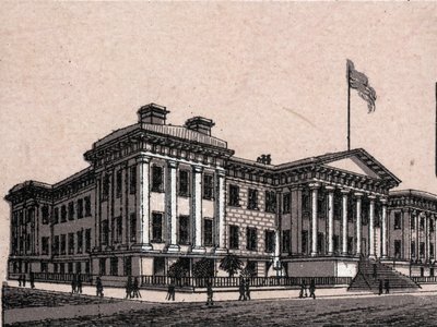 San Francisco, USA: udsigt over United States Branch Mint. i "" Verden illustrerer 168 visninger"" Udateret (slutningen af det 19. århundrede) af Unknown artist