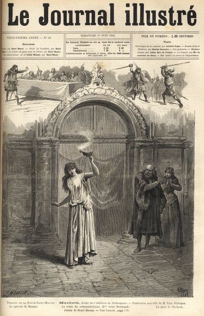 Sarah Bernhardt: Lady Macbeth i "" Macbeth"", drama af Shakespeare, bearbejdet af Jean Richepin - Theatre de la porte Saint-Martin - indgravering i "Le journal illustrious"" fra 1884 af Unknown artist