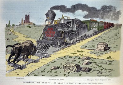Satirisk allegorisk vignet: kapitalismens tyresymbol forsøger at stoppe arbejdsreformens tog. Hver vogn er designet til et land: Tyskland, Frankrig, England, Italien 1897 af Unknown artist
