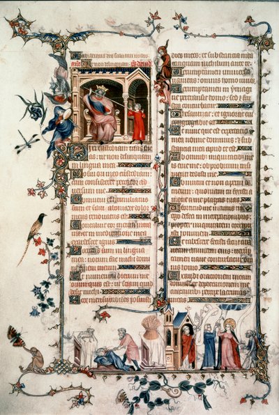 Saul truer David, Kain dræber Abel, Allegorier om eukaristien og næstekærligheden. Breviary af Belleville. 1323-1326. Ms. Lat. 10483 fol.24v. - Jean Maid. Belleville Breviary af Unknown artist