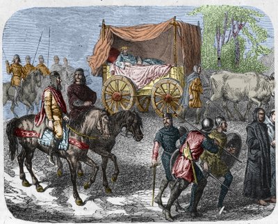 Scene, der forestiller de dovne konger: Kongen af Frankrig Thierry III (673-691) bærer i en tank med en seng trukket af okser. af Unknown artist