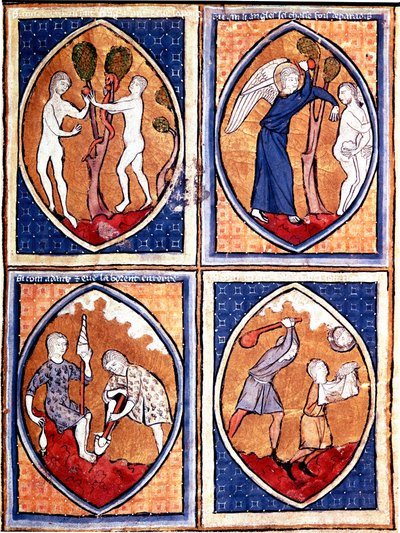 Scener fra Bibelen afbildet i mandorler. Adam og Eva plukker den forbudte frugt og jager derefter fra himlen. Dernede arbejder Adam jorden, og Eva giver ulden, Kain og Abel. Miniature fra et manuskript fra 1200-tallet. Porto, kommunalt bibliotek af Unknown artist