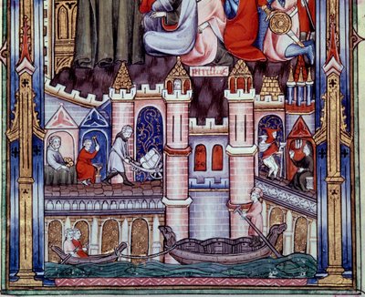 Scener af bygge- og navigationsarbejde i Paris i middelalderen. Miniature fra manuskriptet "" Life of Saint Denis"" af Yves, munk af Saint-Denis af Unknown artist