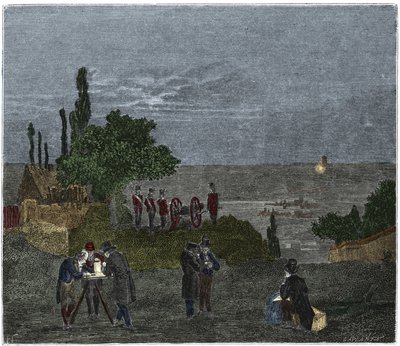 Videnskabeligt eksperiment: beregning af lydens hastighed, af Humboldt, Louis-Joseph Gay-Lussac (Louis Joseph Gay-Lussac), Bouvard, Prony og Mathieu, som bestemmer den tid, der går mellem perceptionen af lys og det af et pistolskud, om natten af Unknown artist