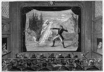 Videnskabelige viser: levende spektre. Oplev spektrene på teaterscenen. En komiker bekæmper et spøgelse. Gravering i ""La Nature"" af Unknown artist