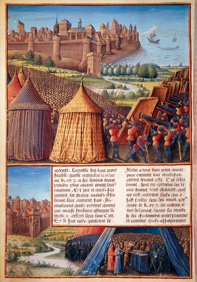 Andet korstog: udsigt over belejringen af ​​Ascalon i 1153 af Baldwin III (1131-1162). Thumbnail taget fra "The passager lavet Outremer af franskmændene mod tyrkerne og andre saracenere og Moures Outremarine" af Sebastien Mamerot af Unknown artist