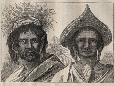 Anden rejse (1772-1775) af kaptajn James Cook (1728-1779): mand og kvinde på Påskeøen - illustration fra "The Great Mariners of the 18th century"" af Unknown artist