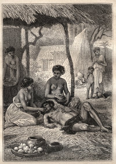 Anden rejse (1772-1775) af kaptajn James Cook (1728-1779): en ø, der brugte sin dag på at blive slugt af sine koner (Tahiti) - illustration taget fra "The Great Mariners of the 18th century" af Unknown artist