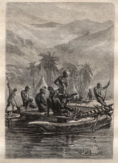 Anden rejse (1772-1775) af kaptajn James Cook (1728-1779): de indfødte havde selvtillid nok til at nærme sig og udveksle (Ny Kaledonien) - illustration taget fra "The Great Mariners of the 18th century" af Unknown artist