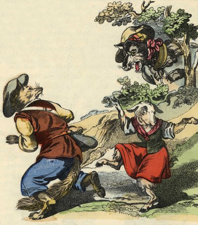 Da mester Fox så ulven, flygtede han og efterlod Lille Chevrette i fare. Illustration af fortællingen "Bon medor og Lille Chevrette". I “”Fortællinger fra hjemmet for de mindste””. Anonym gravering af det 19. århundrede. af Unknown artist
