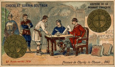 Serien History of the French Currency udgivet af Chocolat Guérin Boutron. 1800-tallets kromolitografi. Mønt af Karl den Skaldede i 840 af Unknown artist