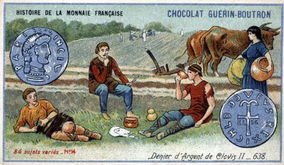 Serien History of the French Currency udgivet af Chocolat Guérin Boutron. 1800-tallets kromolitografi. Sølvbenægter af Clovis II i 638 af Unknown artist