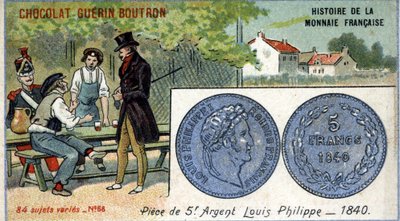 Serien History of the French Currency udgivet af Chocolat Guérin Boutron. 1800-tallets kromolitografi. 5 franc sølvmønt. Louis Philippe 1. i 1840 af Unknown artist