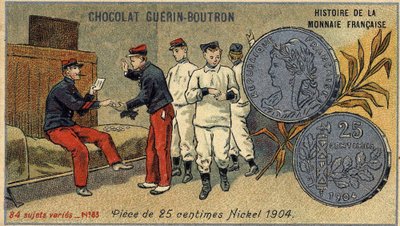 Serien History of the French Currency udgivet af Chocolat Guérin Boutron. 1800-tallets kromolitografi. 25 cent mønt. Nikkel 1904 af Unknown artist