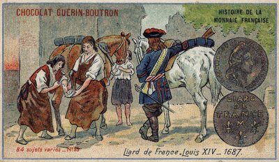 Serien History of the French Currency udgivet af Chocolat Guérin Boutron. 1800-tallets kromolitografi. Liard fra Frankrig. Ludvig XIV i 1687 af Unknown artist
