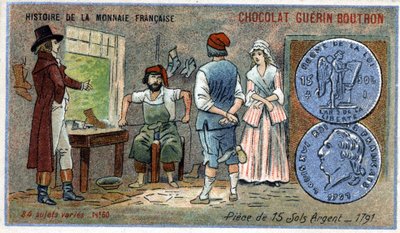 Serien History of the French Currency udgivet af Chocolat Guérin Boutron. 1800-tallets kromolitografi. mønter af 15 sølvjorde i 1791 af Unknown artist