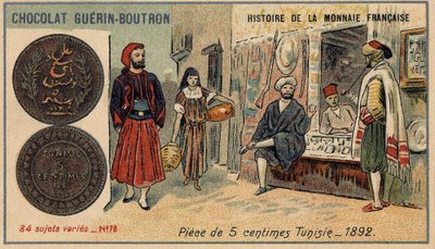 Serien History of the French Currency udgivet af Chocolat Guérin Boutron. 1800-tallets kromolitografi. 5 cent mønt i Tunesien i 1892. af Unknown artist
