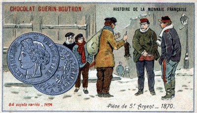 Serien History of the French Currency udgivet af Chocolat Guérin Boutron. 1800-tallets kromolitografi. 5 franc sølvmønt i 1870 af Unknown artist