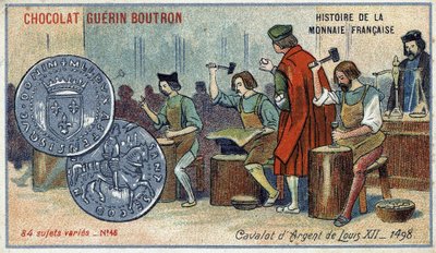 Serien History of the French Currency udgivet af Chocolat Guérin Boutron. 1800-tallets kromolitografi. Louis XIIs sølvkavalot. 1498 af Unknown artist