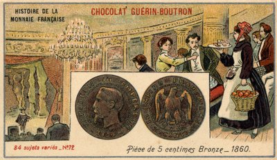 Serien History of the French Currency udgivet af Chocolat Guérin Boutron. 1800-tallets kromolitografi. 5 cents bronzemønt i 1860. Napoleon III. af Unknown artist