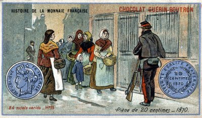 Serien History of the French Currency udgivet af Chocolat Guérin Boutron. 1800-tallets kromolitografi. 20 centimes mønt i 1870 af Unknown artist