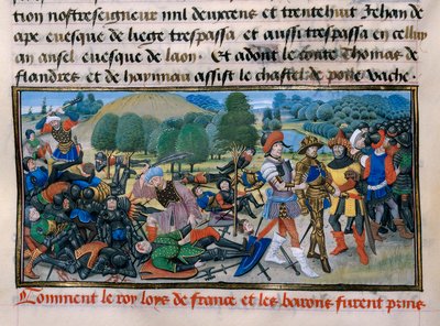 Syvende korstog: Kong Ludvig IX (Saint Louis) (1214-70) er fanget under slaget ved Mansourah i 1250 i Egypten, ”Chronique abregee” af David Aubert 1250 Paris af Unknown artist