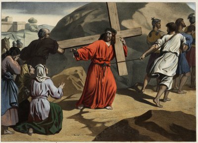 Hun klatrede til Golgata: Jesus bar sit kors trøste Jerusalems døtre. Anonym stik fra midten af 1800-tallet. af Unknown artist