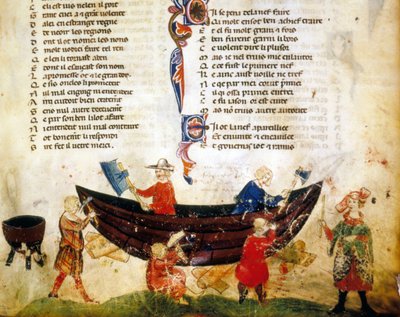 Skibsbygning og tætning i det 13. århundrede. Miniature af "Roman de Troy"" af Benoit de Saint Maure. Biblioteca Marciana fra det 14. århundrede, Venedig af Unknown artist