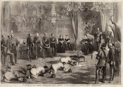 Siam-ambassadører kravlede til dronning Victoria Iere (1819-1901) og prins Albert (1819-1861) under deres besøg på Windsor Castle. Indgravering i ""The illustrated London News"" af 5. december 1857. af Unknown artist