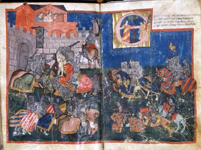 Belejring af Pamplona i Spanien af Charlemagne Miniature fra "Entree of Spain"". Venedig fra det 14. århundrede, Biblioteca Marciana. af Unknown artist