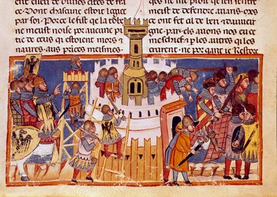 Belejring af en befæstet by Miniature taget fra "The Facts of the Romans"", der fortæller om de tolv Cesars liv. Venedig fra det 13. århundrede, biblioteca Marciana af Unknown artist