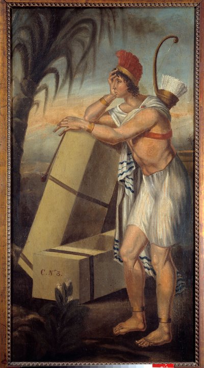 Tegn på tobakshandlere, der repræsenterer en amerikansk indianer, læner sig op af kasser med tobak, der er klar til at blive sendt på skibe, der eksporterer New World-produkter. La Rochelle. New World Museum af Unknown artist