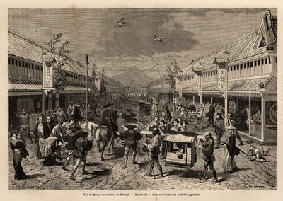 Silkebutikker i Mitsoui, Yedo (eller Edo, nutidens Tokyo), livlige og i baggrunden silhuetten af Mount Fuji. Indgravering til illustration af rejsen til Japan i 1863-1864 af Aime Humbert, minister for Det Schweiziske Forbund, i "Le tour du monde, nou af Unknown artist